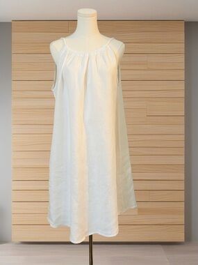 Italian Linen Dress White Sleeveless Tie Back Midi Relaxed Fit Coastal Beach L
